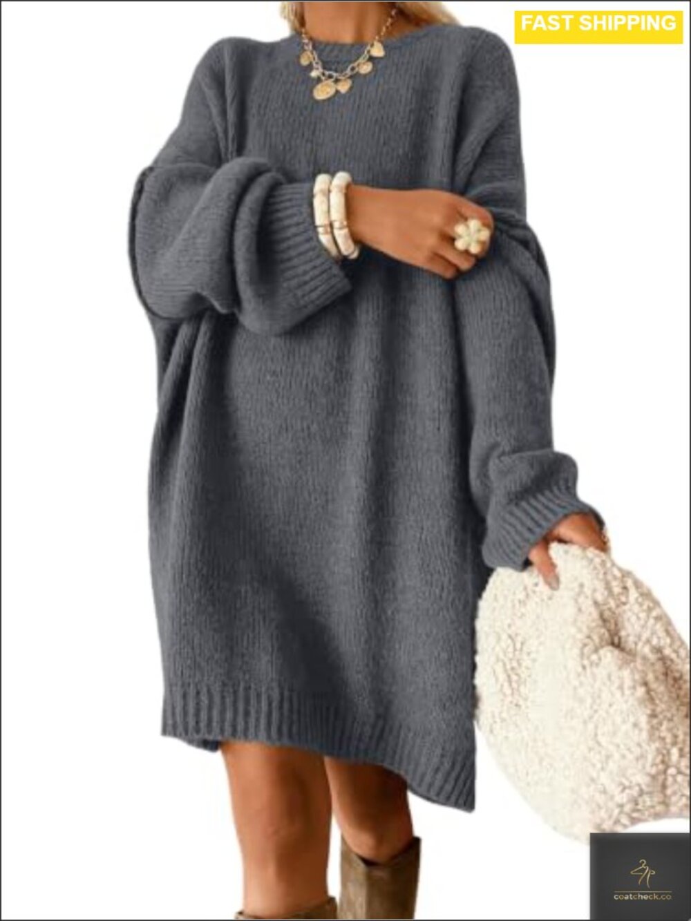 Oversized Chunky Knit Crewneck Long Sleeve Sweater Dress Pullover